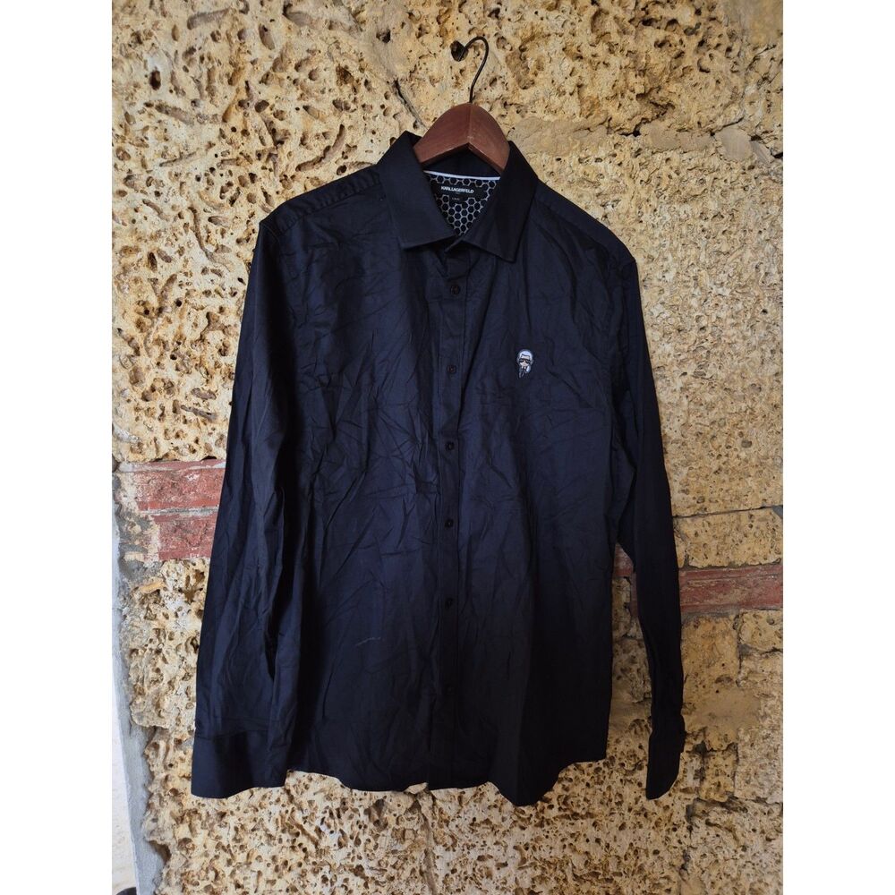 Karl Lagerfeld Paris Mens Black Button Up Shirt L Long Sleeve Logo Designer